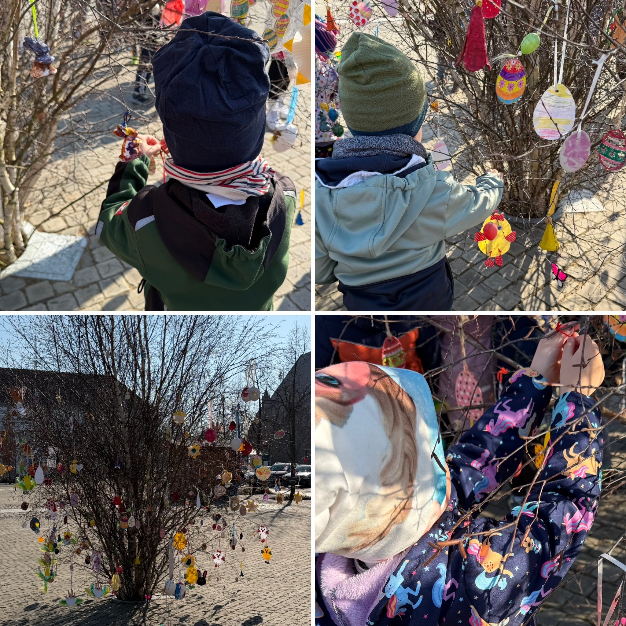 Ostern Kinder hängen Ostereier auf