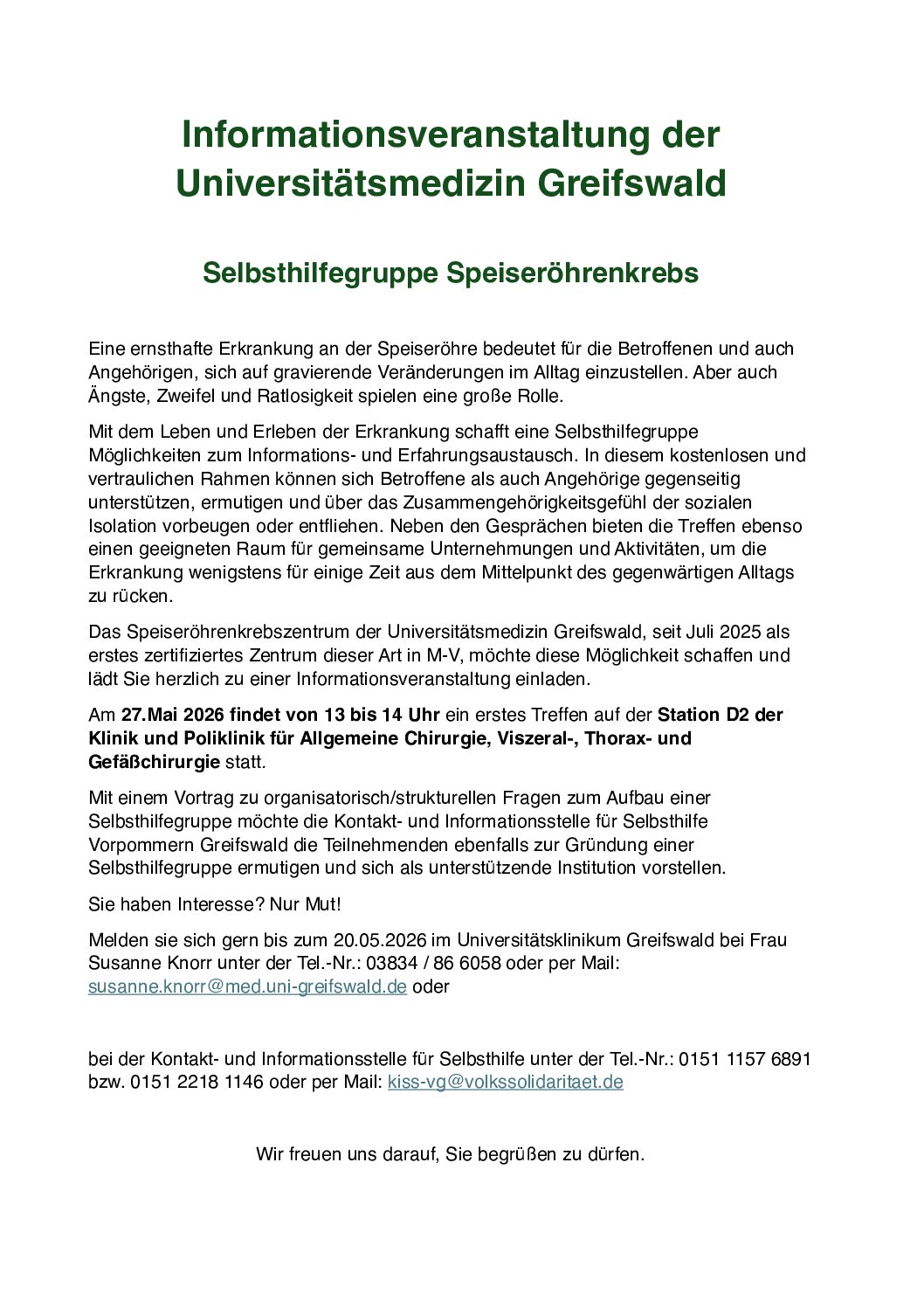Selbsthilfegruppe Speiseröhrenkrebs – Informationsveranstaltung der Universitätsmedizin Greifswald