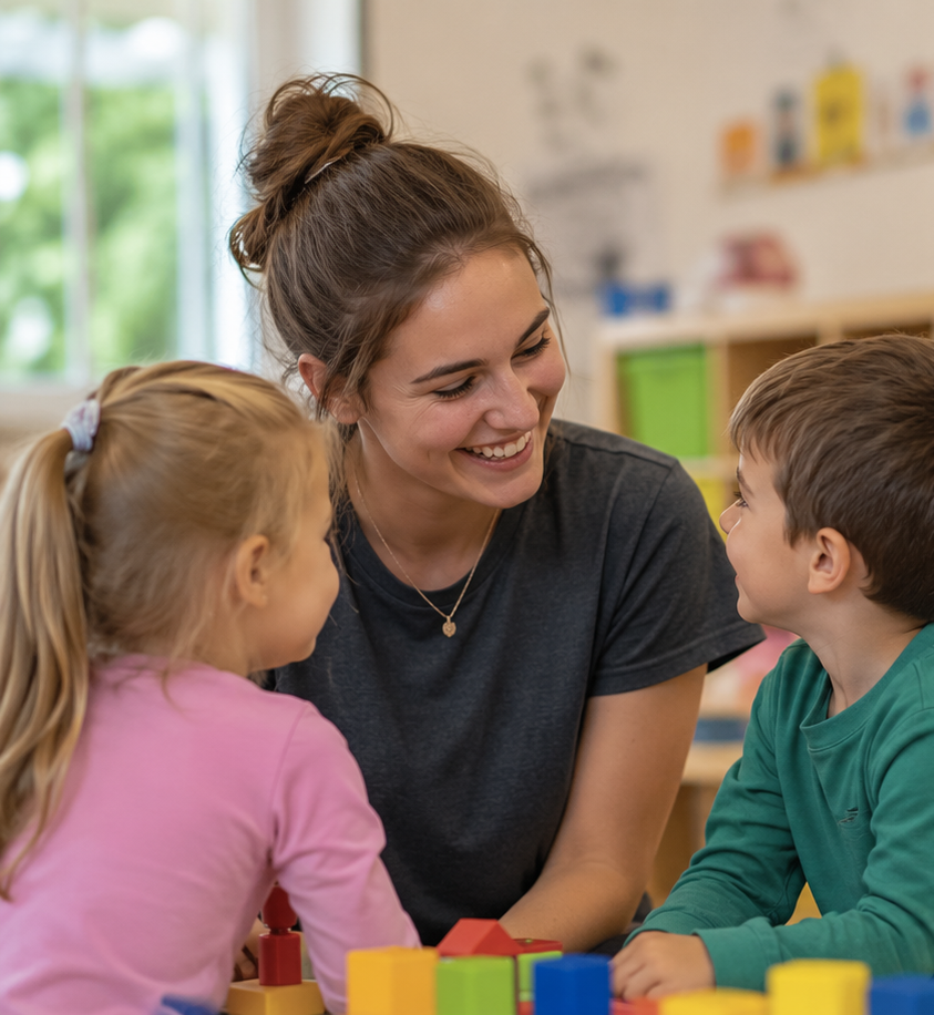 FSJ junge Frau lächelt zwei Kinder an